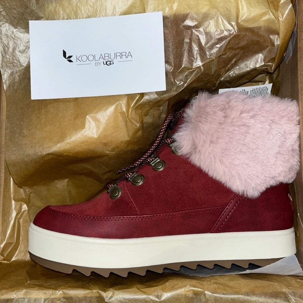 Koolaburra by Ugg Syrah Suede Tynlee Fuzzy Waterproof Lace Up Booties Women’s 7